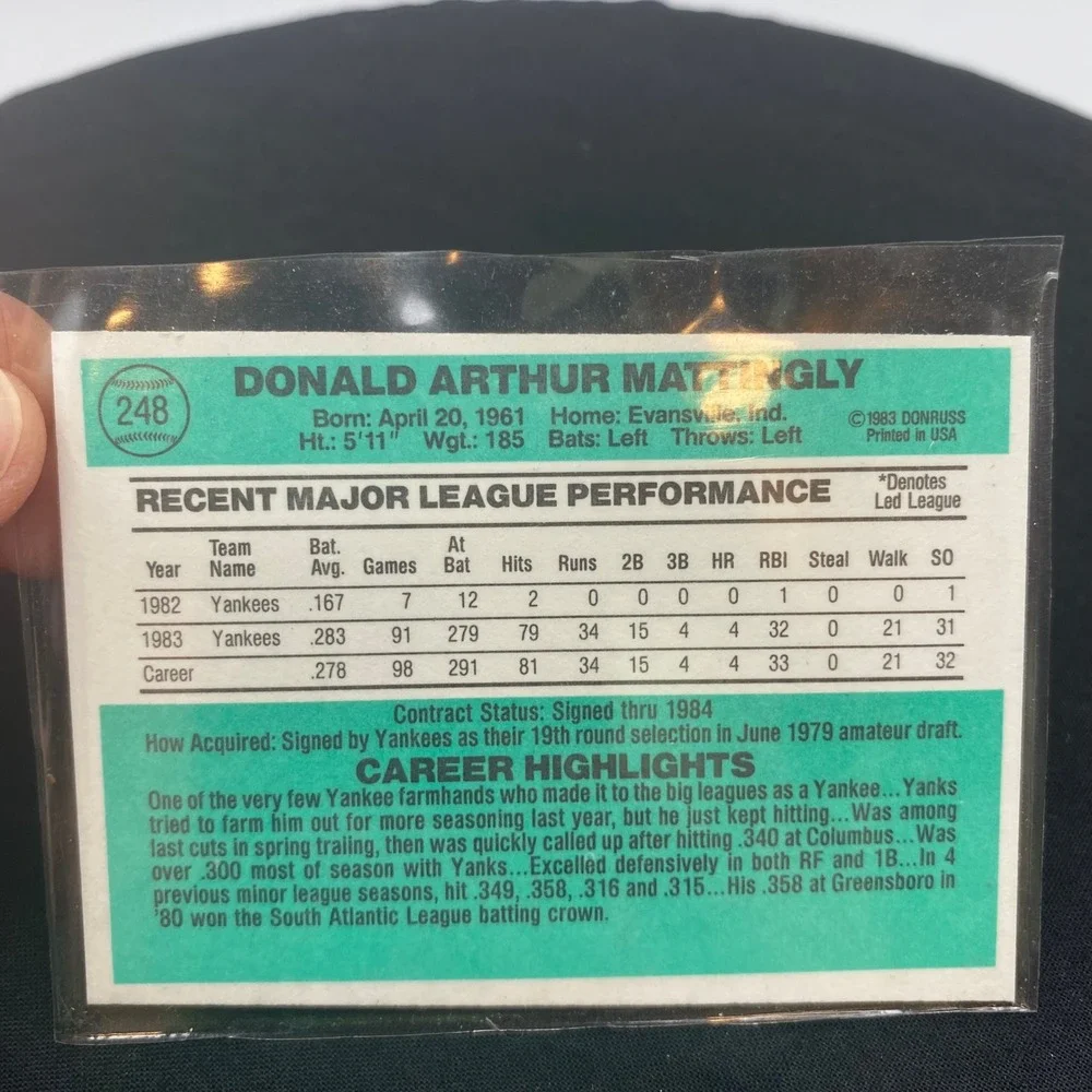 Donruss 1984 Don Mattingly Rookie Card 248 NY Yankees 1B Vintage Baseball